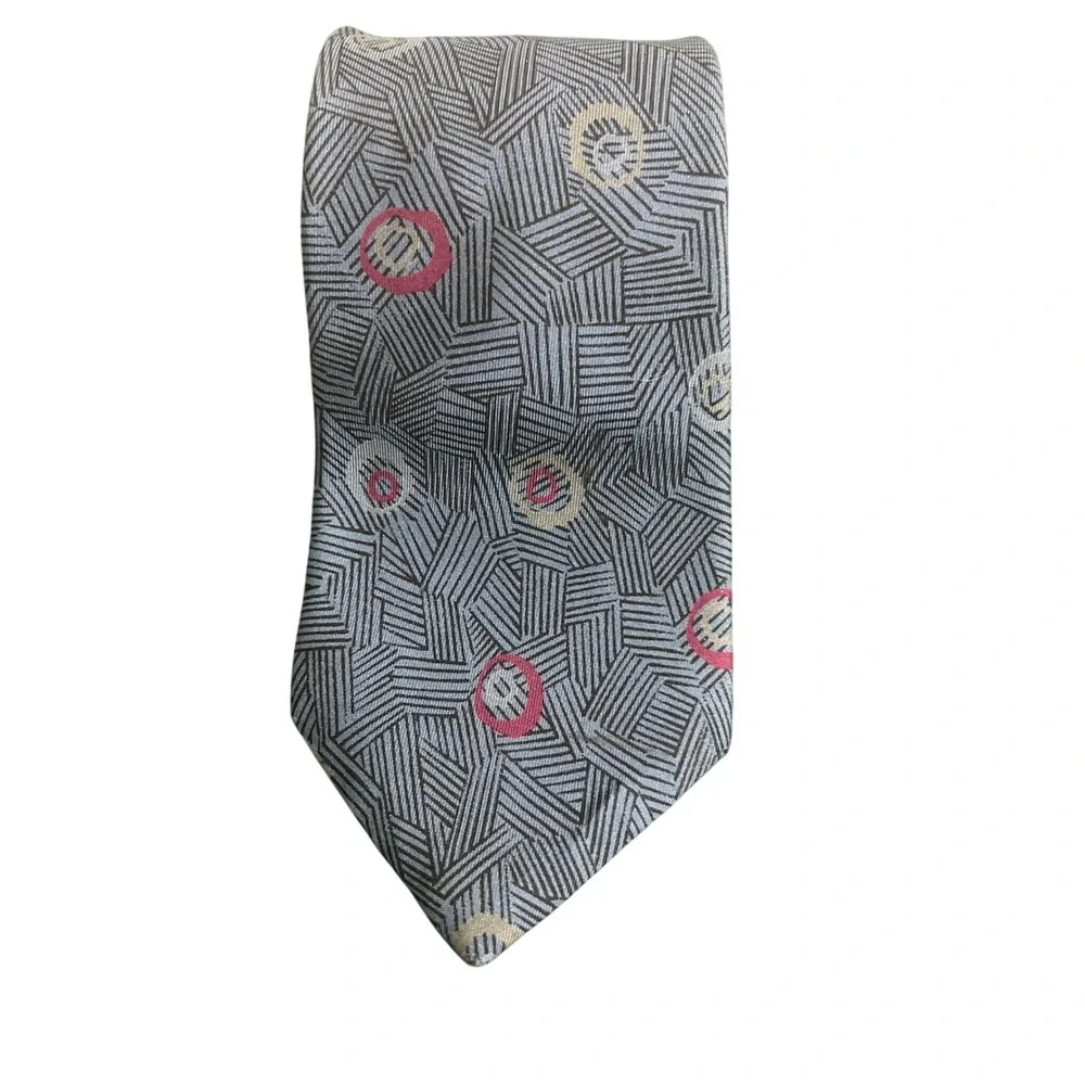 Yves Saint Laurent Mens Grey Geometric Abstract Silk Tie Made in USA YSL Necktie